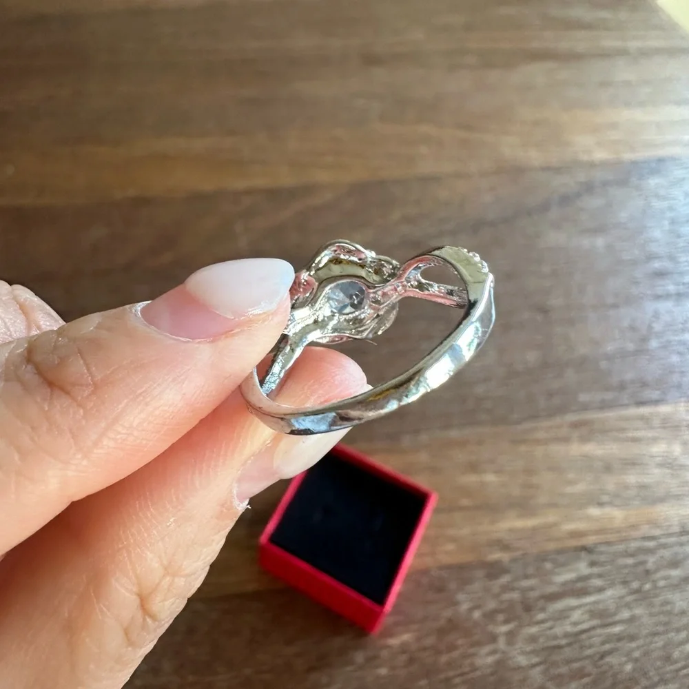 Silver Tone Floral Halo CZ Engagement Ring Size 8.25 Statement Ring